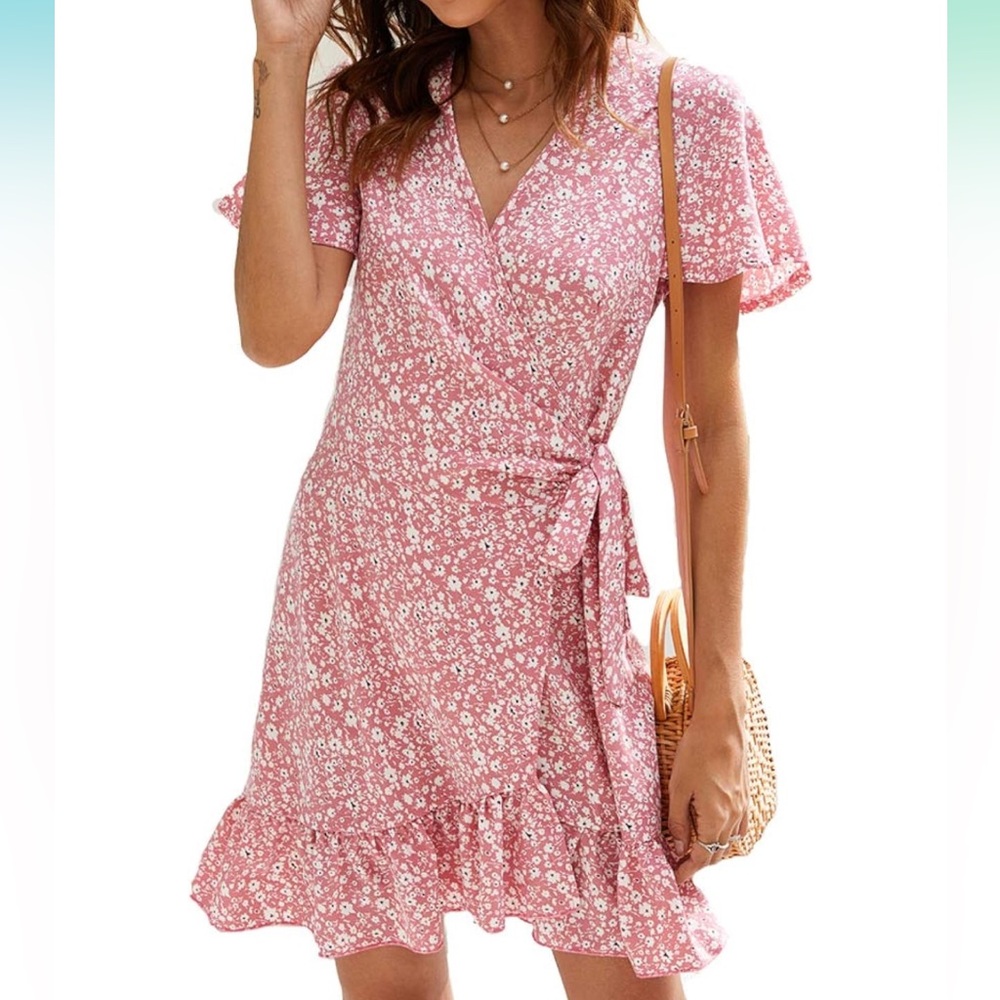 Naggoo Wrap V Neck Short Sleeve Mini Floral Dress with Belt